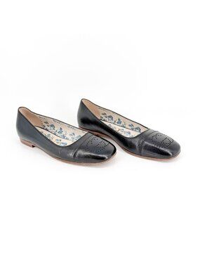 Gucci Hills Black Leather GG Cap Toe Ballet Flats Size 37.5 US 7.5 Women's